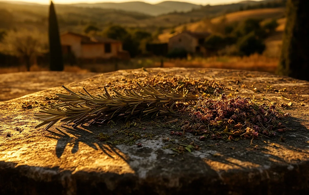 Traditional Spanish herbs on a stone surface