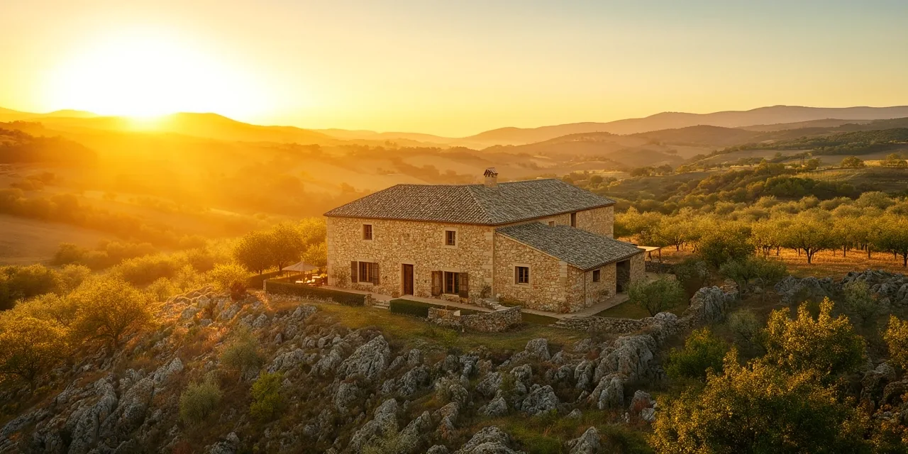 Spanish sunrise over traditional architecture